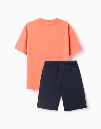Camiseta y pantalón corto con estampado para niño, naranja/azul oscuro