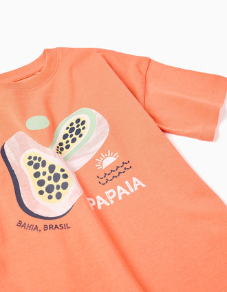 Camiseta y pantalón corto con estampado para niño, naranja/azul oscuro