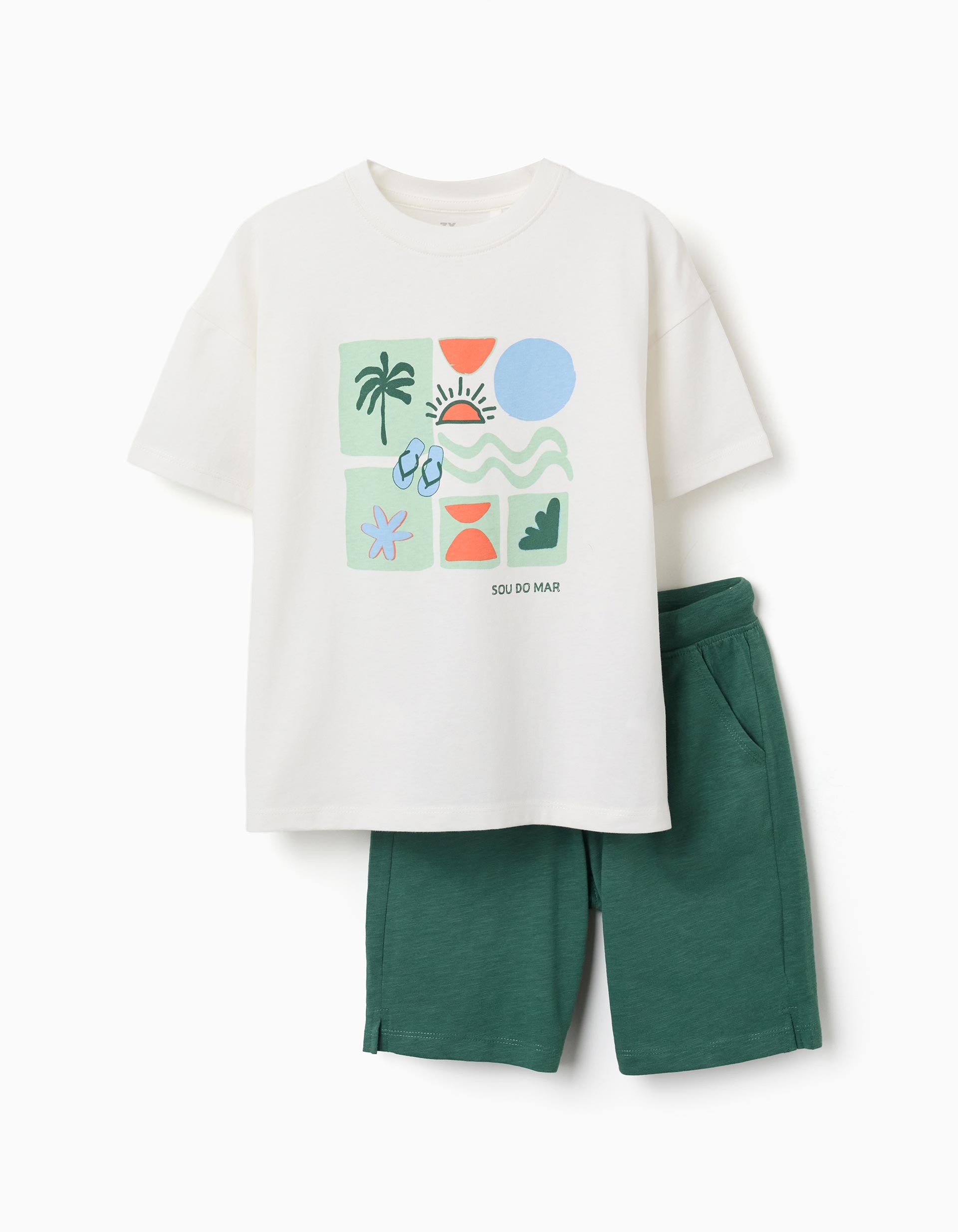 Camiseta + bermudas de algodón para niño, blanco/verde oscuro