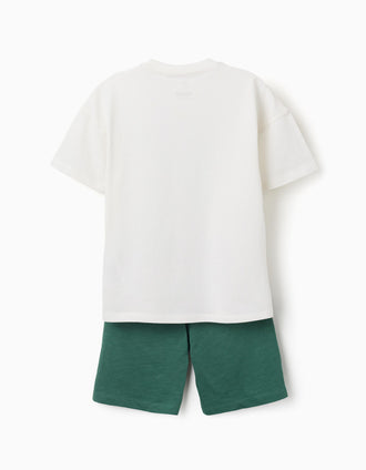 Camiseta + bermudas de algodón para niño, blanco/verde oscuro