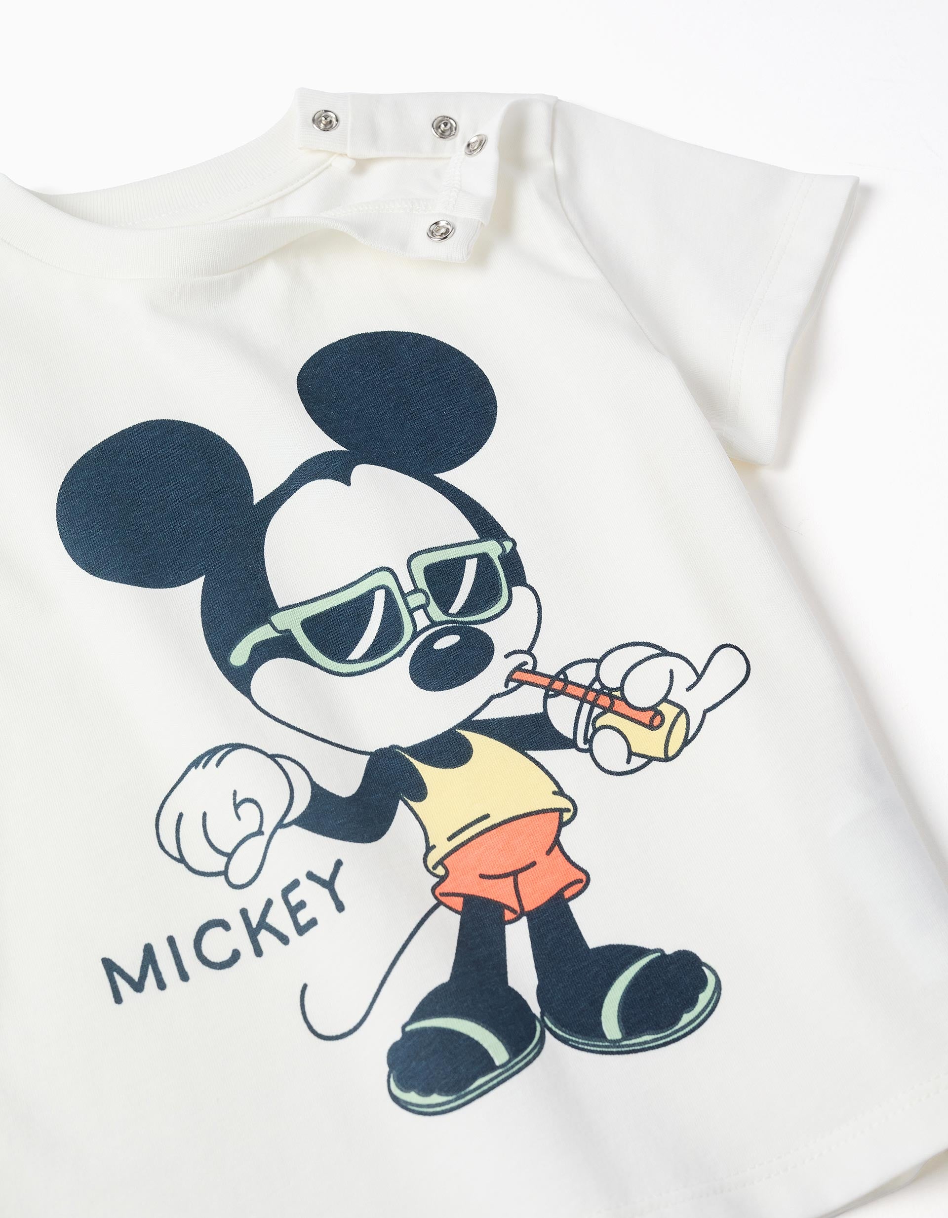 Camiseta y pantalón corto de algodón Mickey para bebé niño, blanco/azul