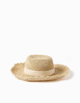 Straw hat with decorative bow for babies and girls, beige