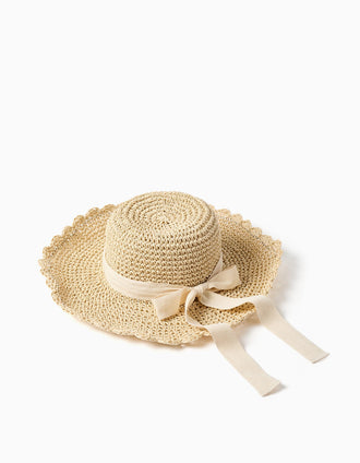 Straw hat with decorative bow for babies and girls, beige