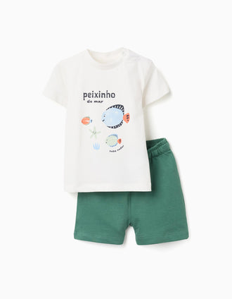 T-shirt en coton à imprimé poisson + short pour bébé garçon, blanc/vert