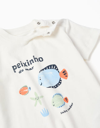 T-shirt en coton à imprimé poisson + short pour bébé garçon, blanc/vert