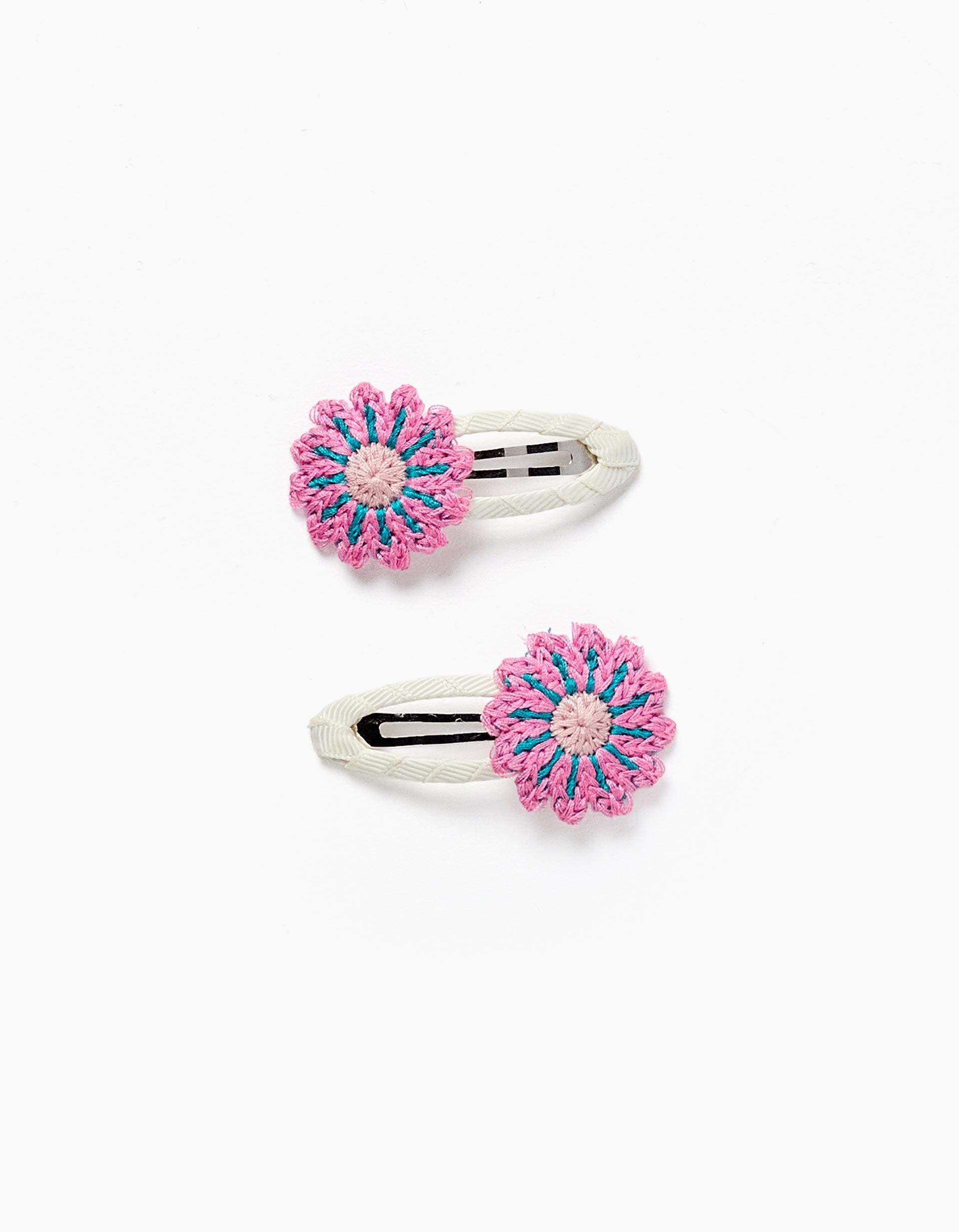 Pack of 2 hair clips with crocheted flowers for babies and girls, pink
