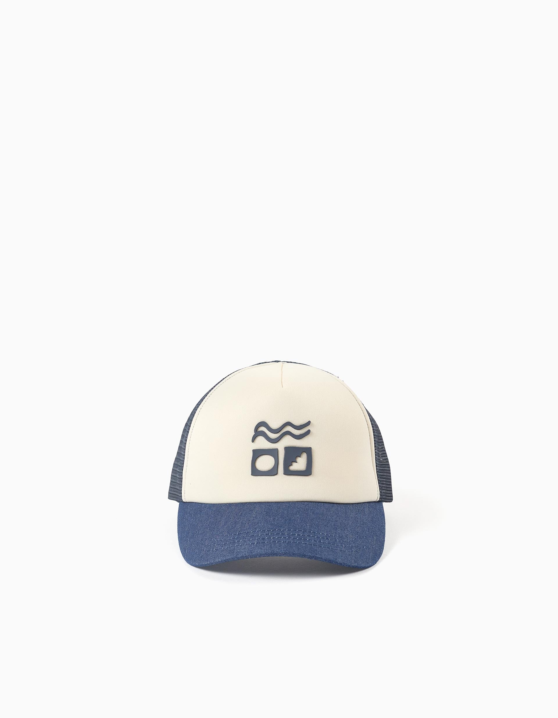 Boné com estampado em relevo e rede para menino, branco/azul