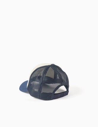 Boné com estampado em relevo e rede para menino, branco/azul