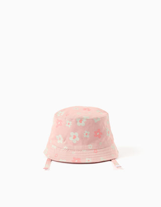 Chapéu de algodão com flores e tiras laterais para bebé menina, rosa
