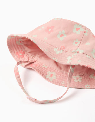 Chapéu de algodão com flores e tiras laterais para bebé menina, rosa