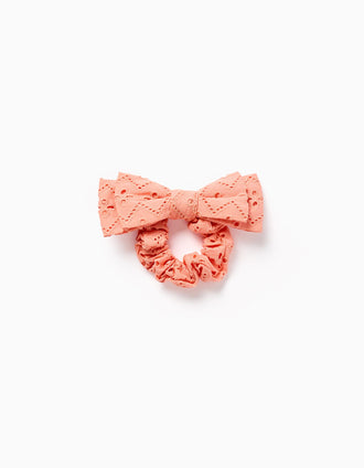 Scrunchie com laço em bordado inglês para bebé e menina, laranja