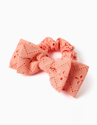 Scrunchie com laço em bordado inglês para bebé e menina, laranja