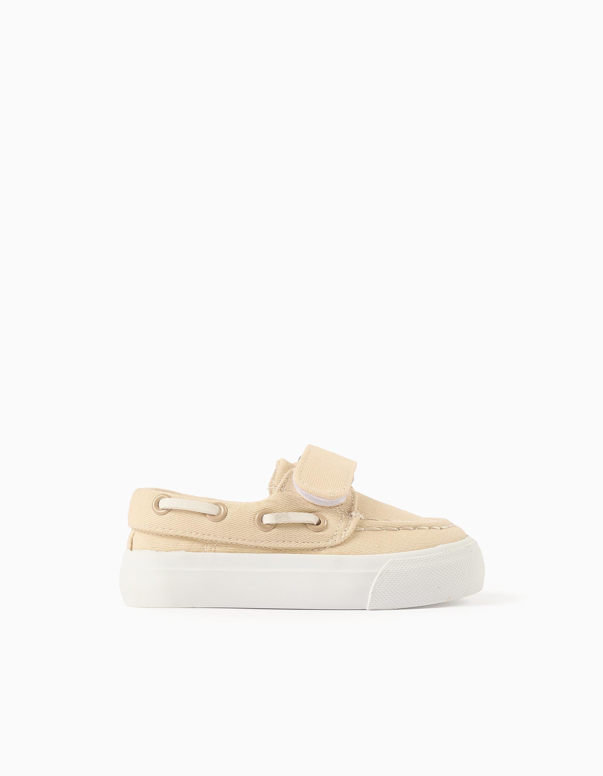 Boat shoes in canvas with touch-fastener for baby boys, light beige