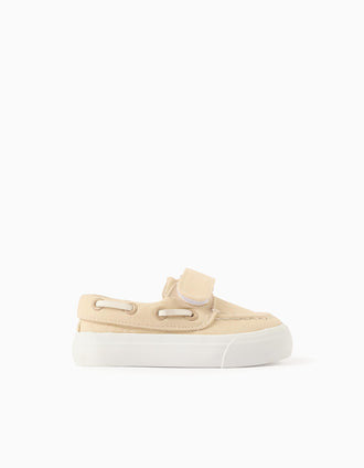 Zapatos náuticos en lona con cierre autoadherente para bebé niño, beige
