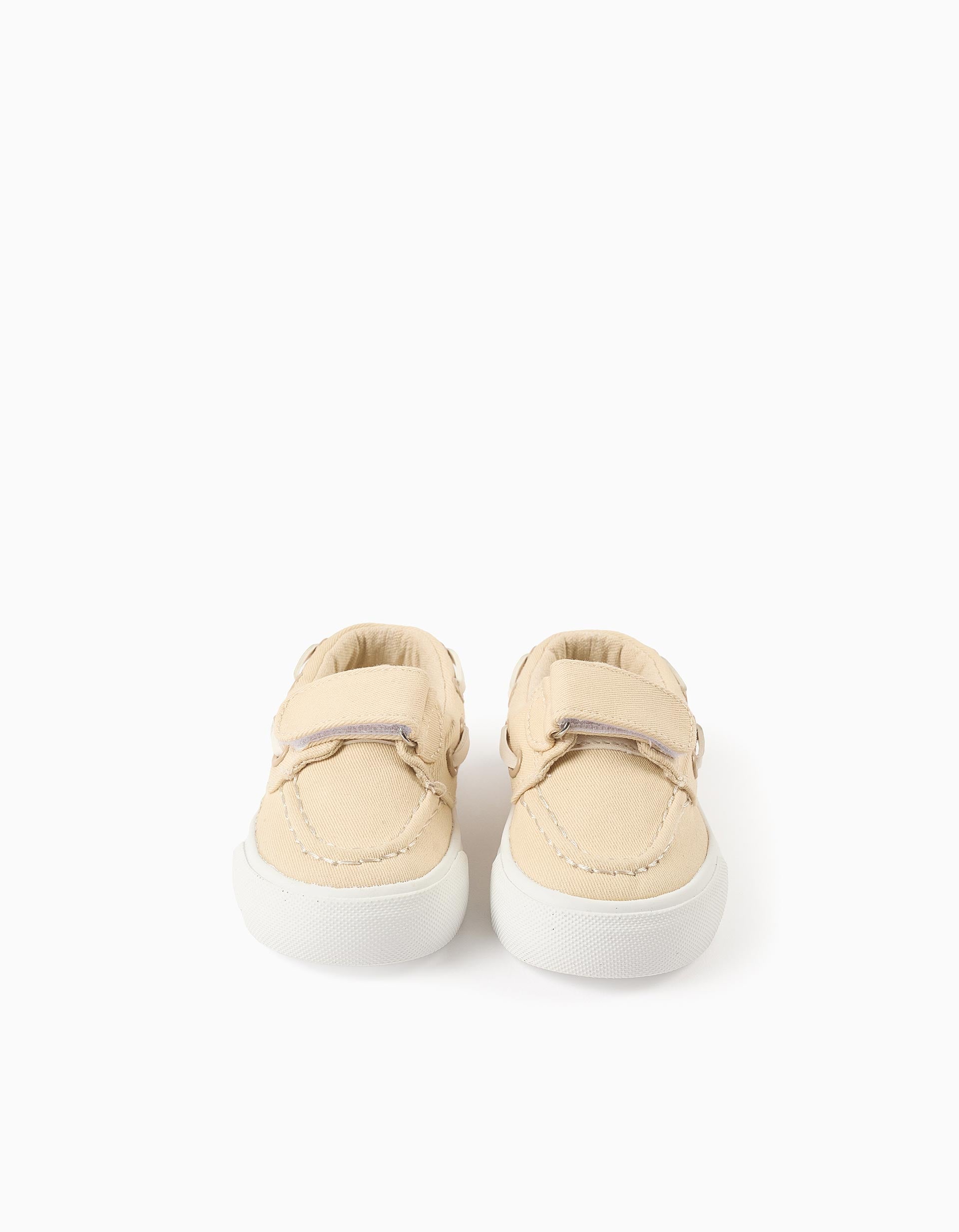 Boat shoes in canvas with touch-fastener for baby boys, light beige