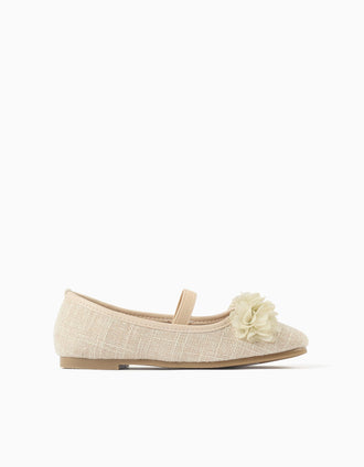 Bailarinas de lino con flores para niña, beige
