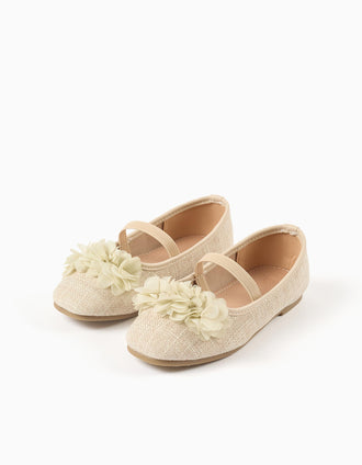 Bailarinas de lino con flores para niña, beige