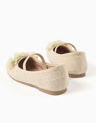 Bailarinas de lino con flores para niña, beige