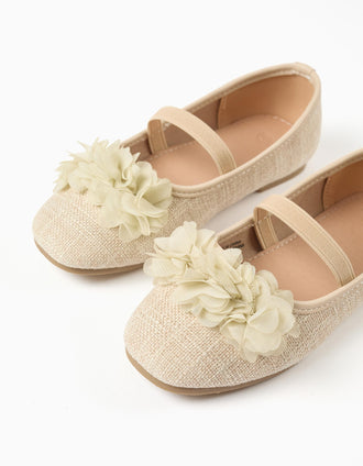 Bailarinas de lino con flores para niña, beige
