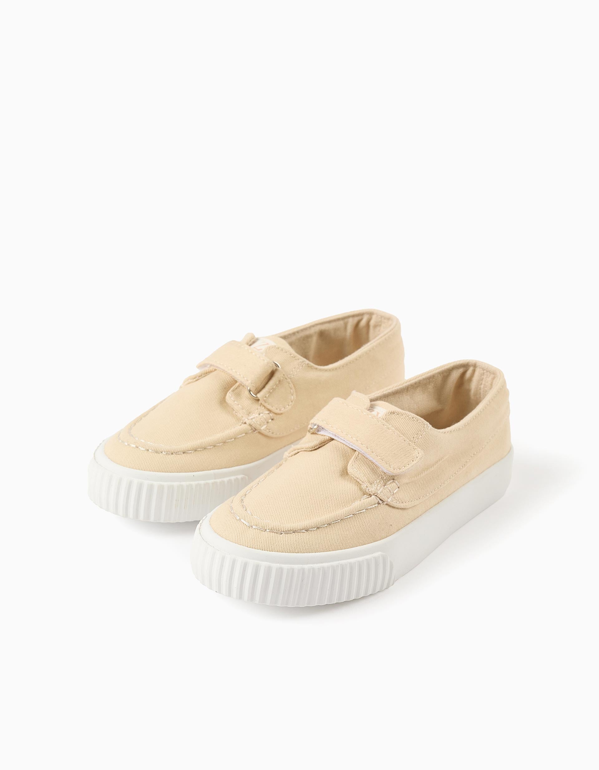 Boat shoes in canvas with touch-fastener for boys, light beige