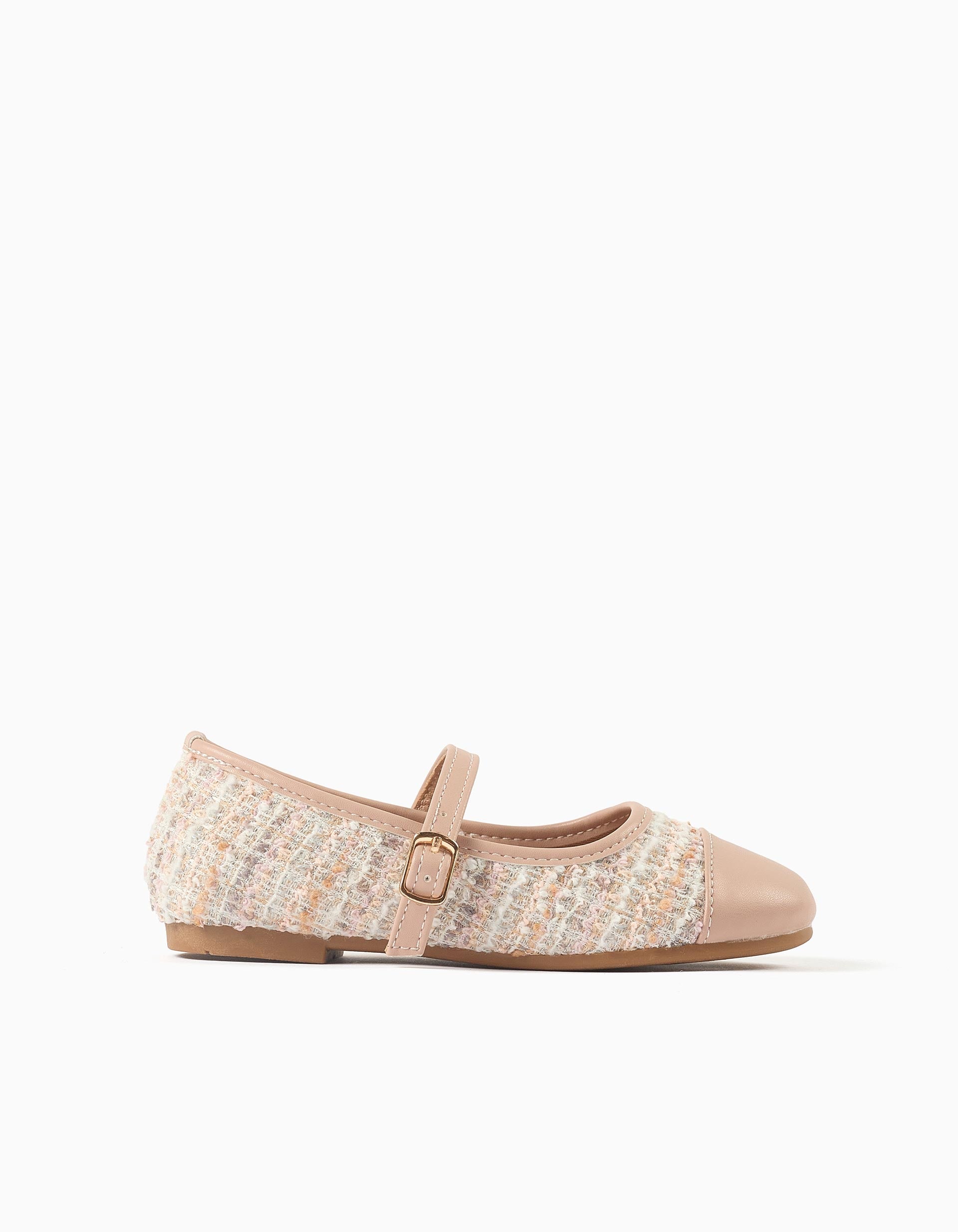 Ballerina shoes in tweed with strap for girls, pink