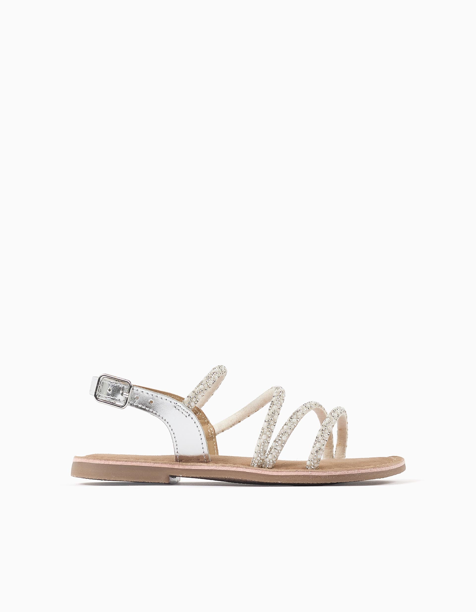 Sandálias de couro com tiras com brilhantes para menina, prateado