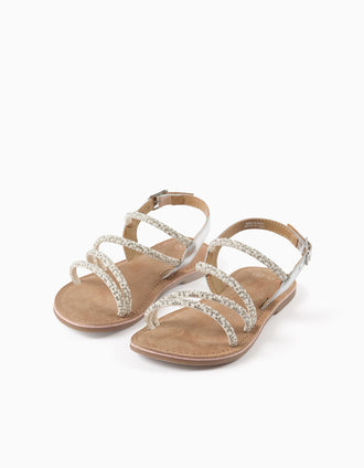Leather sandals with shiny straps for girls, silver