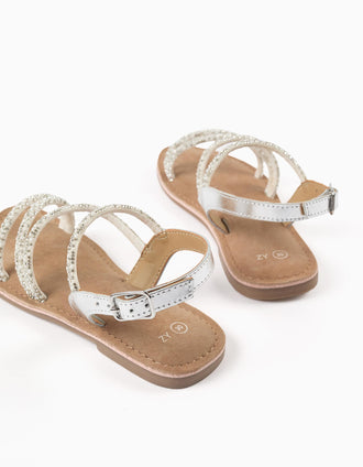 Leather sandals with shiny straps for girls, silver