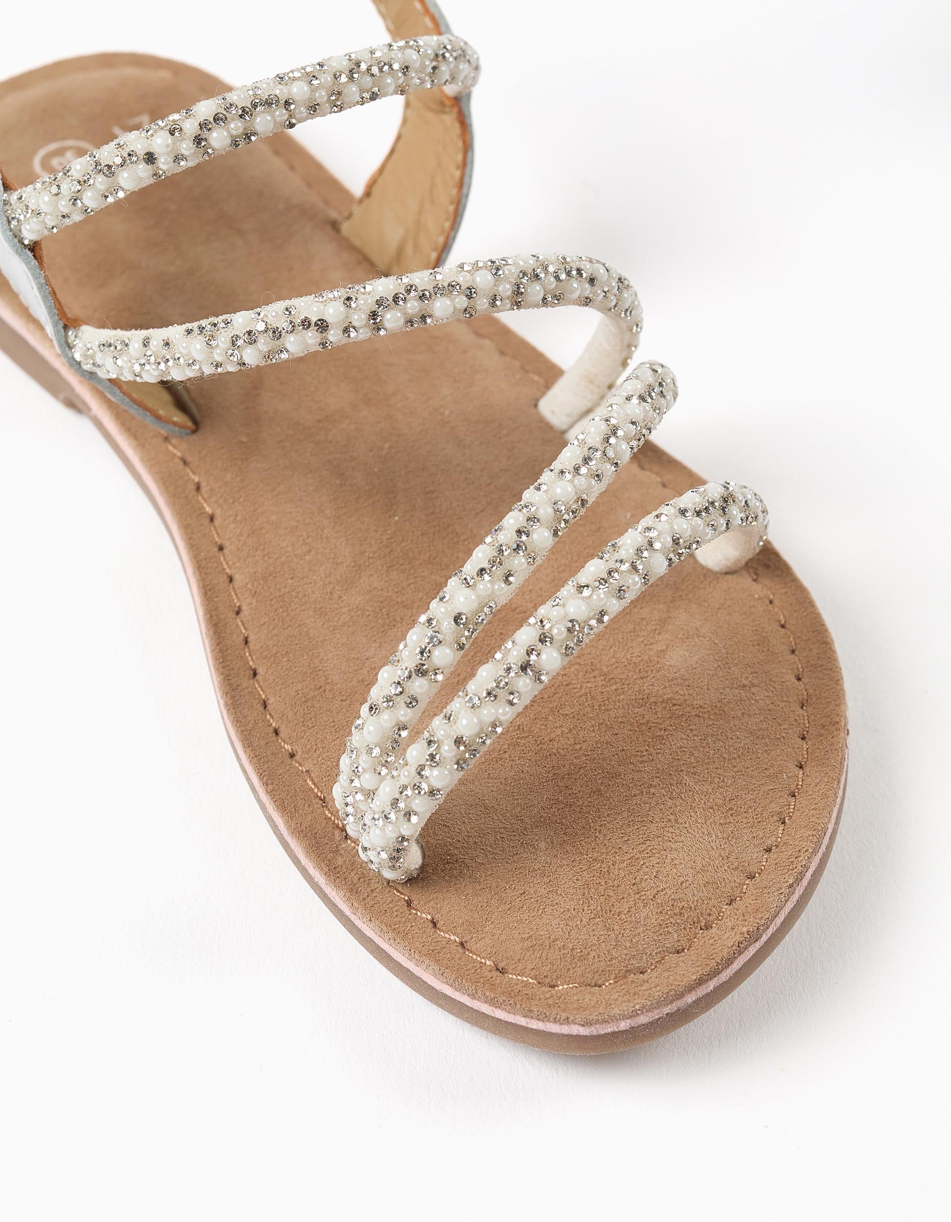 Sandálias de couro com tiras com brilhantes para menina, prateado