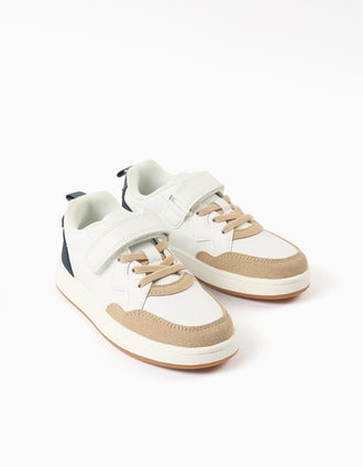Baskets bi-matière à scratch pour garçon, beige/bleu/blanc