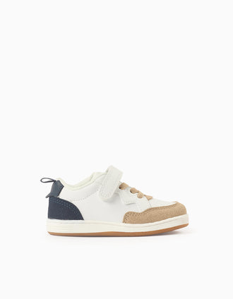 Dual-fabric trainers with touch-fastener for baby boys, beige/blue/white
