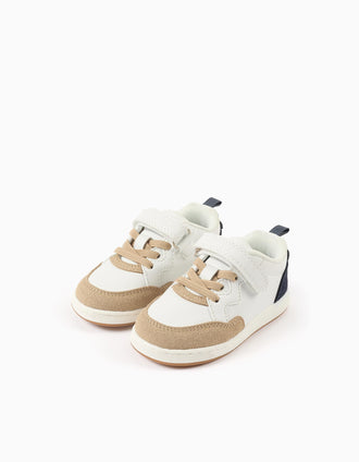 Dual-fabric trainers with touch-fastener for baby boys, beige/blue/white