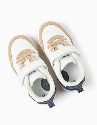 Dual-fabric trainers with touch-fastener for baby boys, beige/blue/white