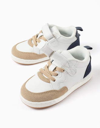 Dual-fabric trainers with touch-fastener for baby boys, beige/blue/white