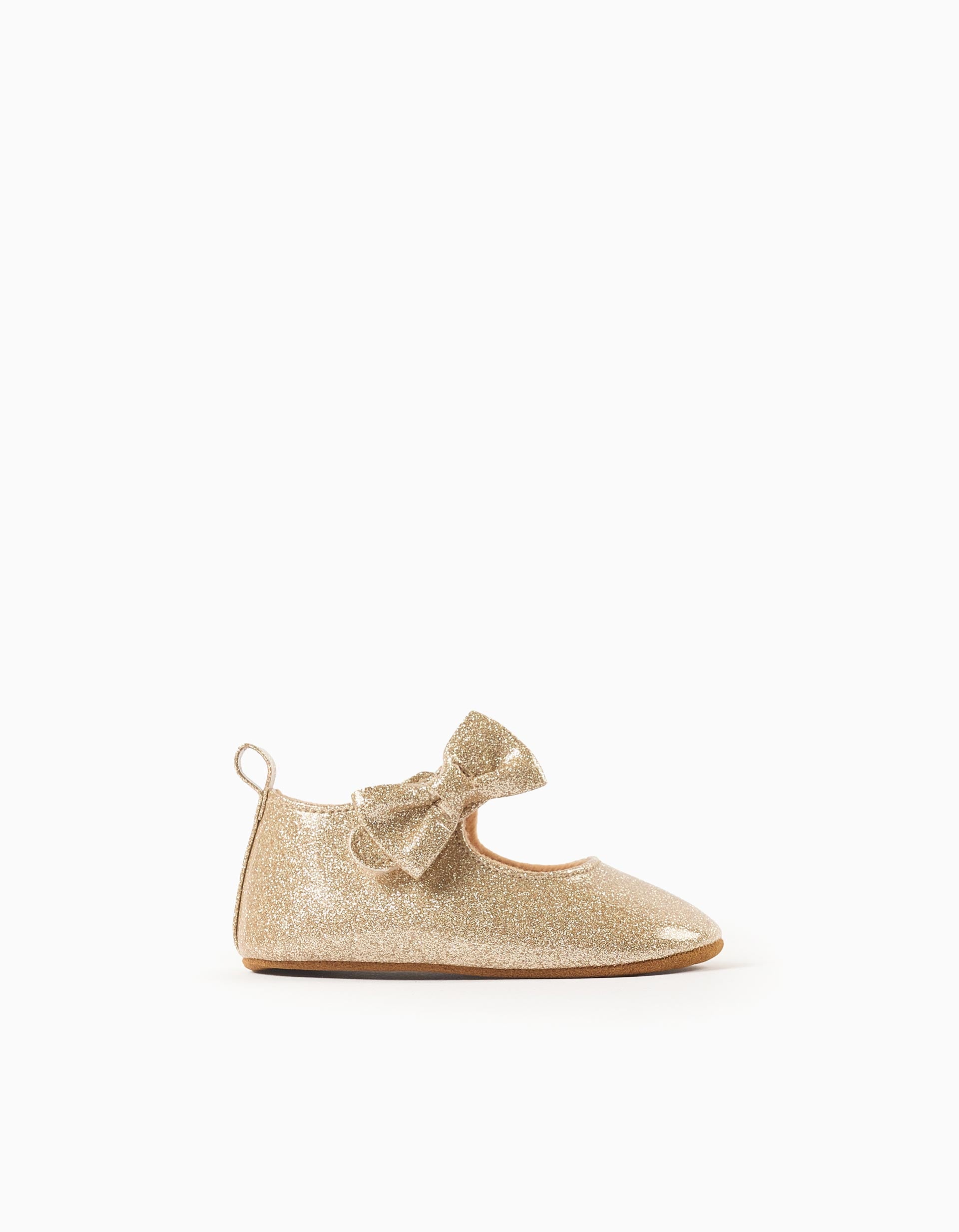 Ballerina shoes with glitter and bow for newborn girls, golden