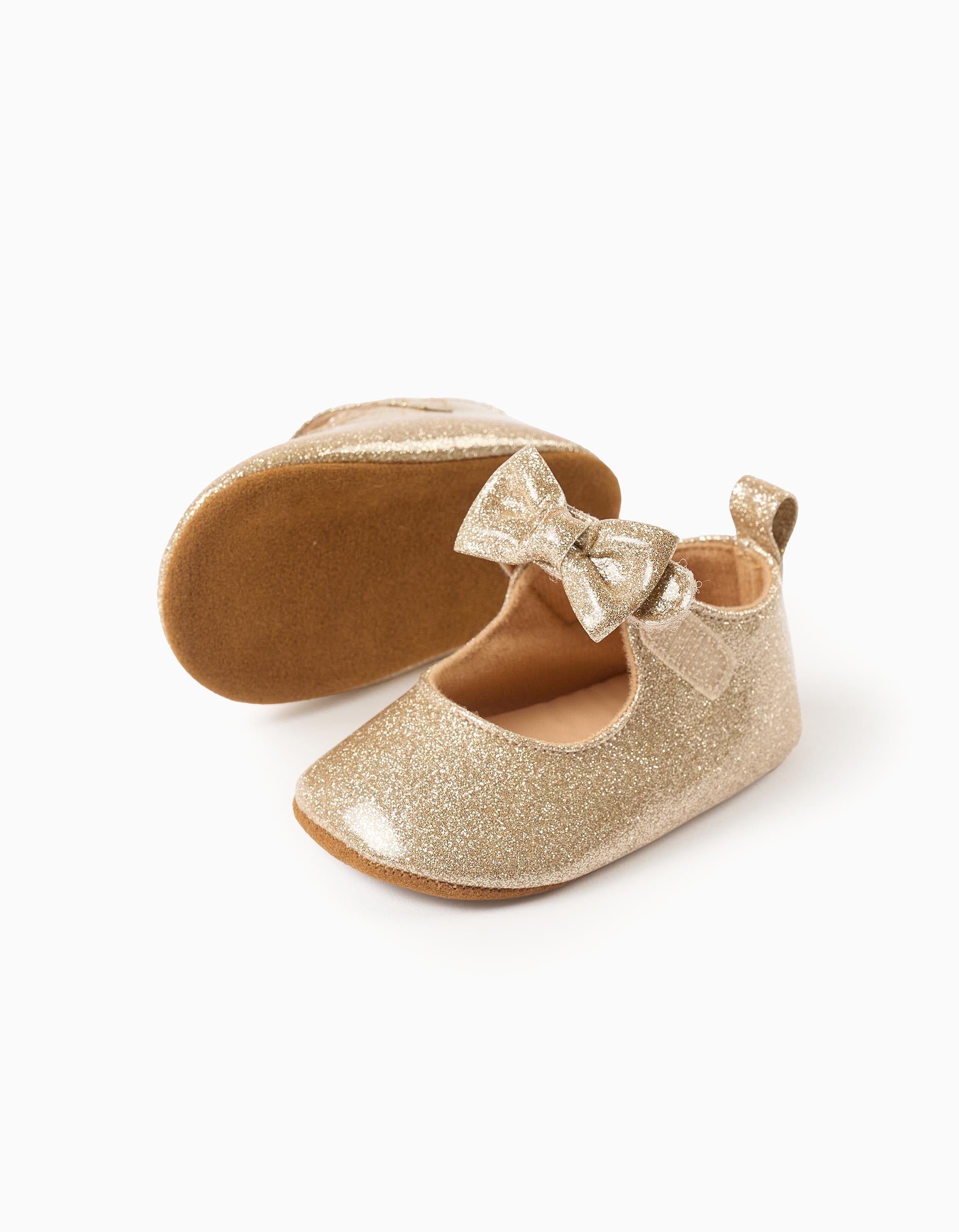 Ballerina shoes with glitter and bow for newborn girls, golden