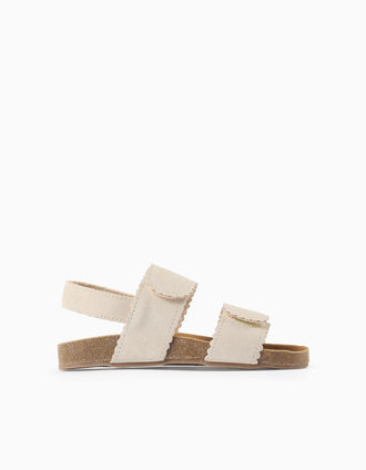 Suede sandals with touch-fasteners for girls, light beige