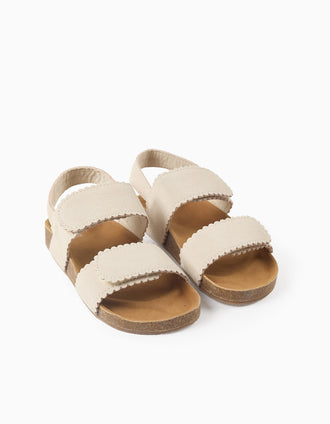 Suede sandals with touch-fasteners for girls, light beige