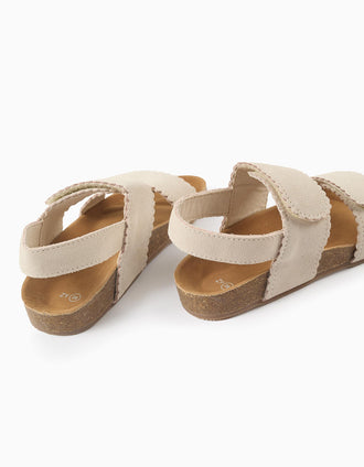 Suede sandals with touch-fasteners for girls, light beige