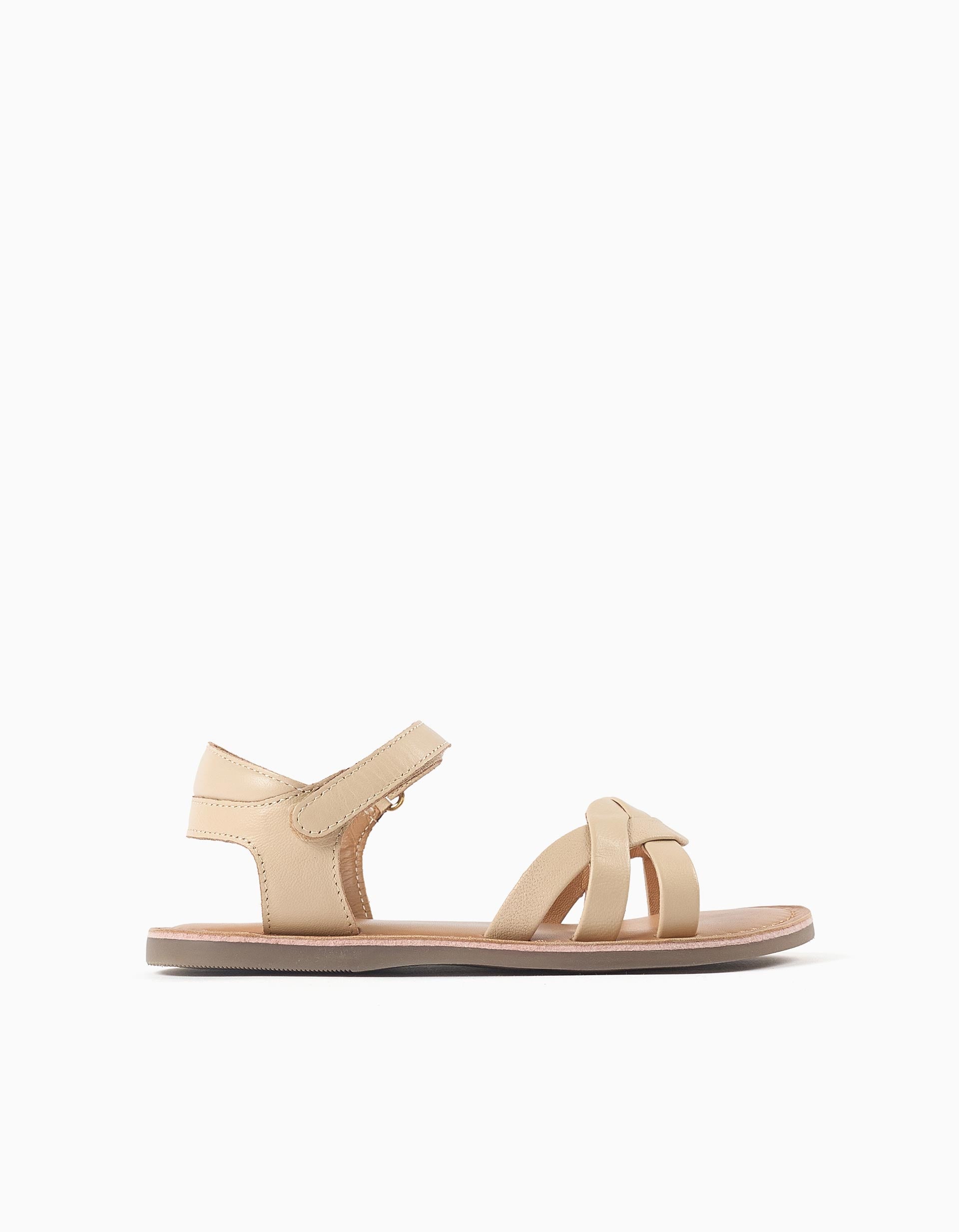 Leather sandals with braided straps and heel support for girls, beige