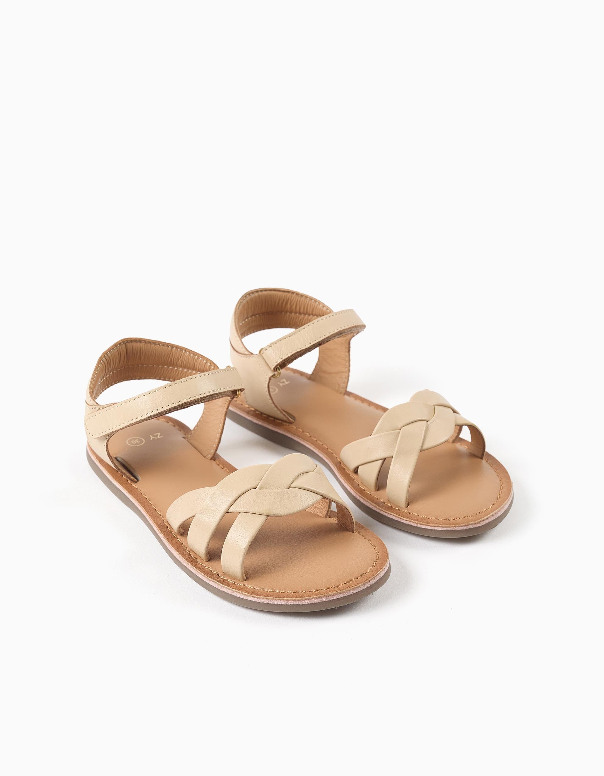 Leather sandals with braided straps and heel support for girls, beige