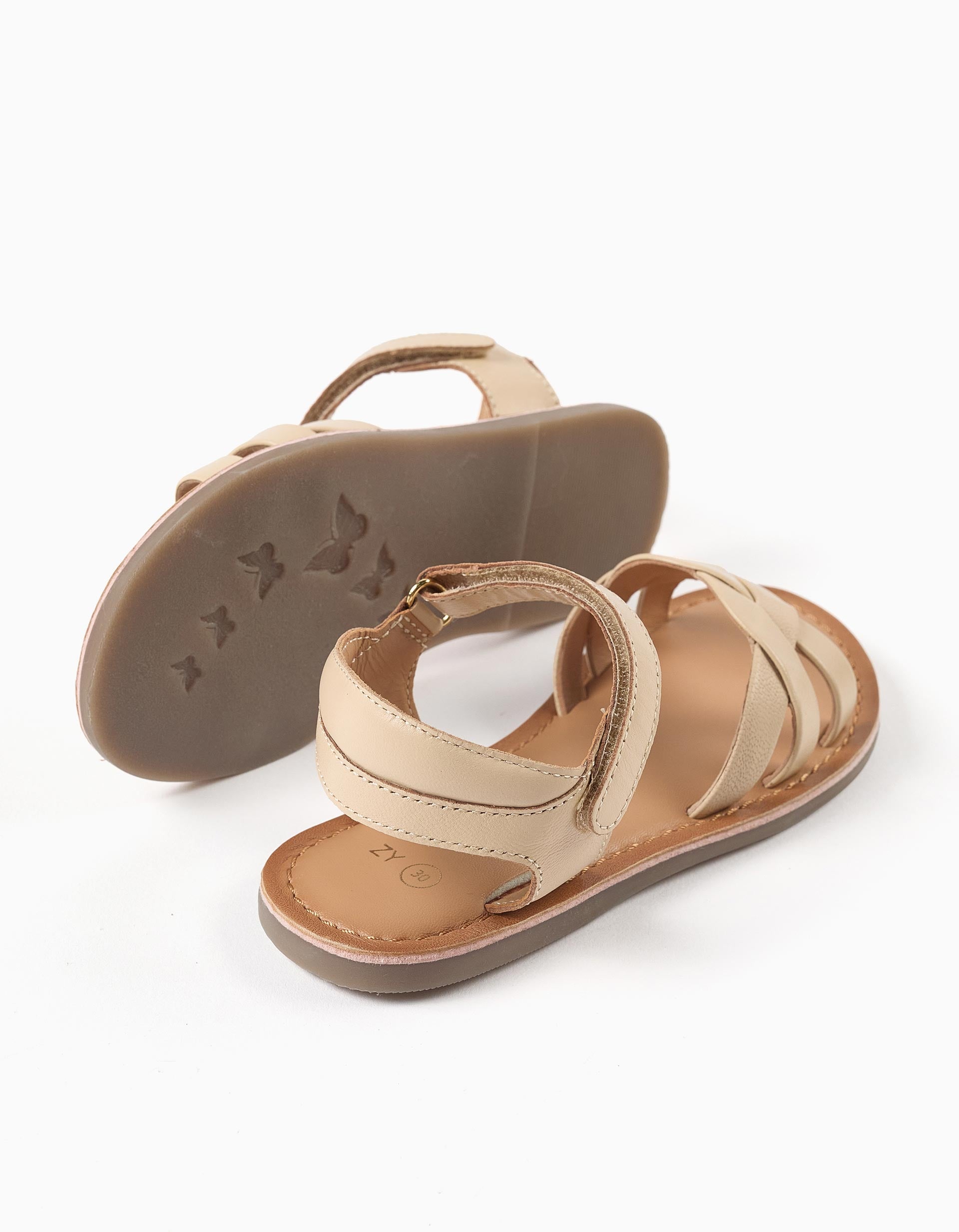 Leather sandals with braided straps and heel support for girls, beige