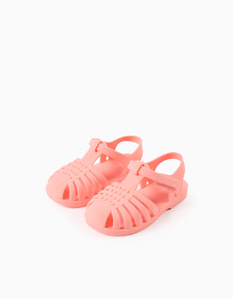 Rubber jelly sandals with touch-fastener for baby girls, light coral