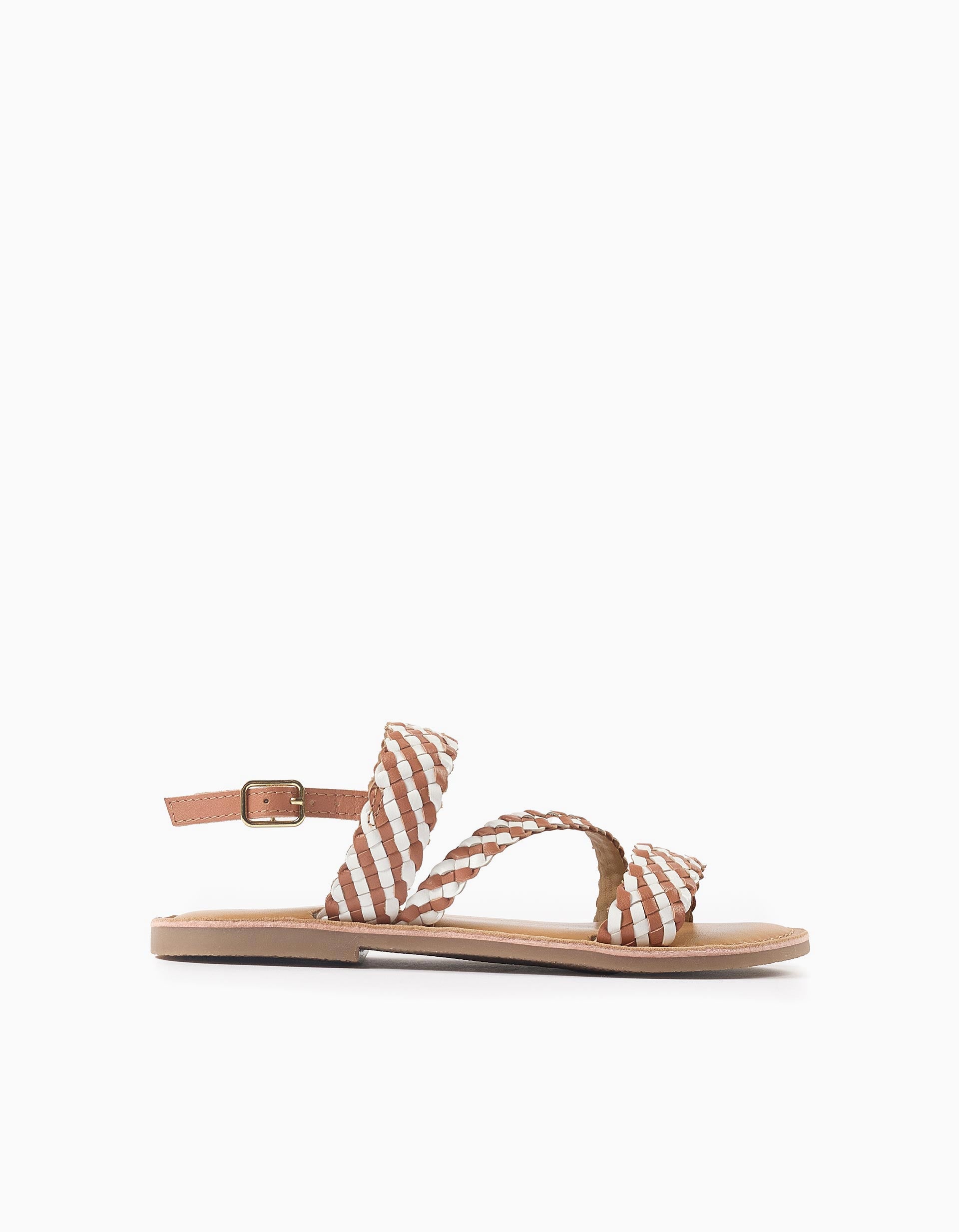 Sandálias de pele com tiras entrançadas para menina, camel/branco