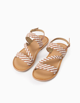 Leather sandals with braided straps and padding for girls, camel/white