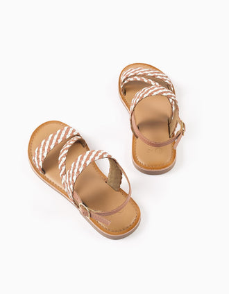 Leather sandals with braided straps and padding for girls, camel/white