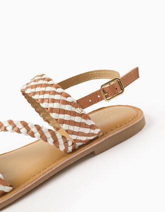 Leather sandals with braided straps and padding for girls, camel/white