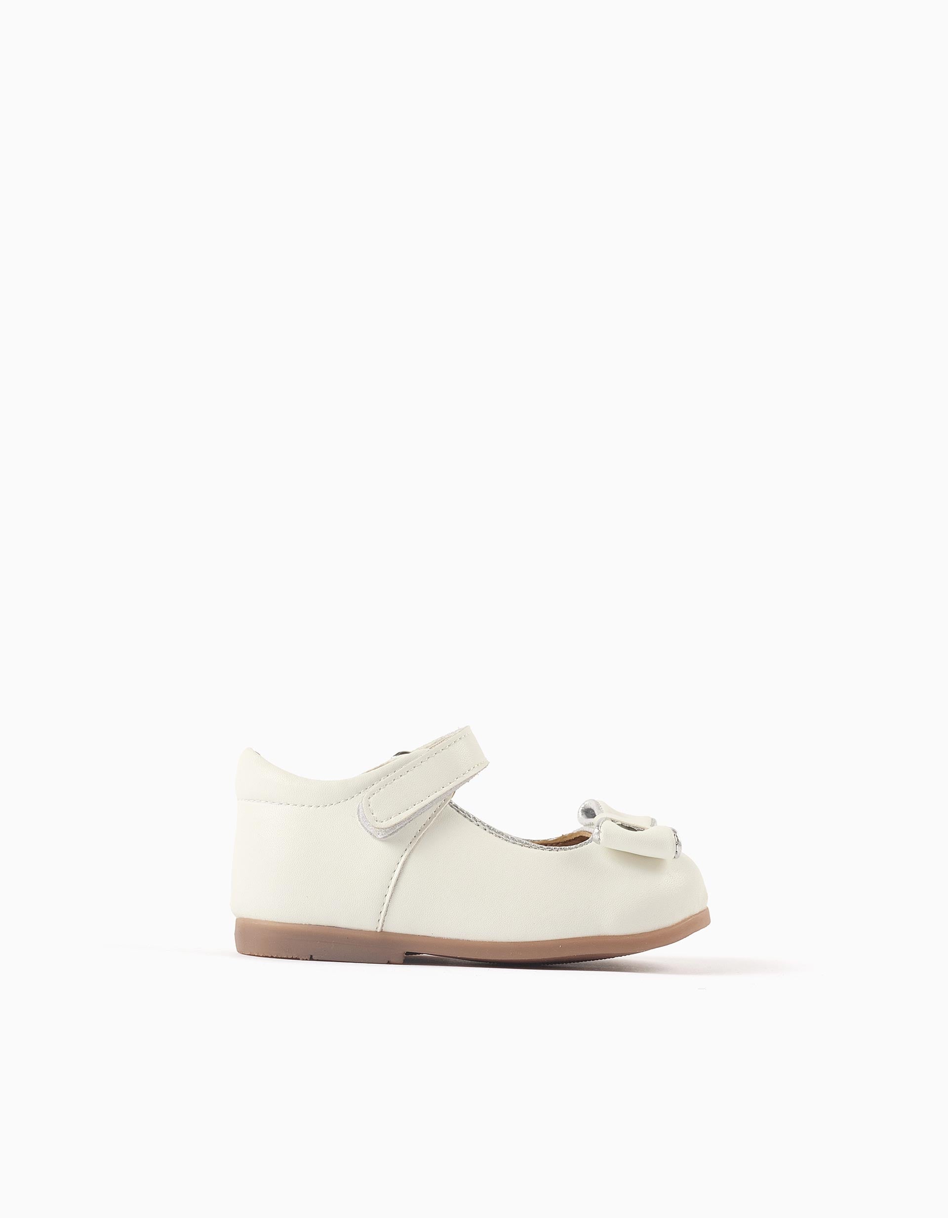 Leather ballerinas with decorative bow for baby girls, white