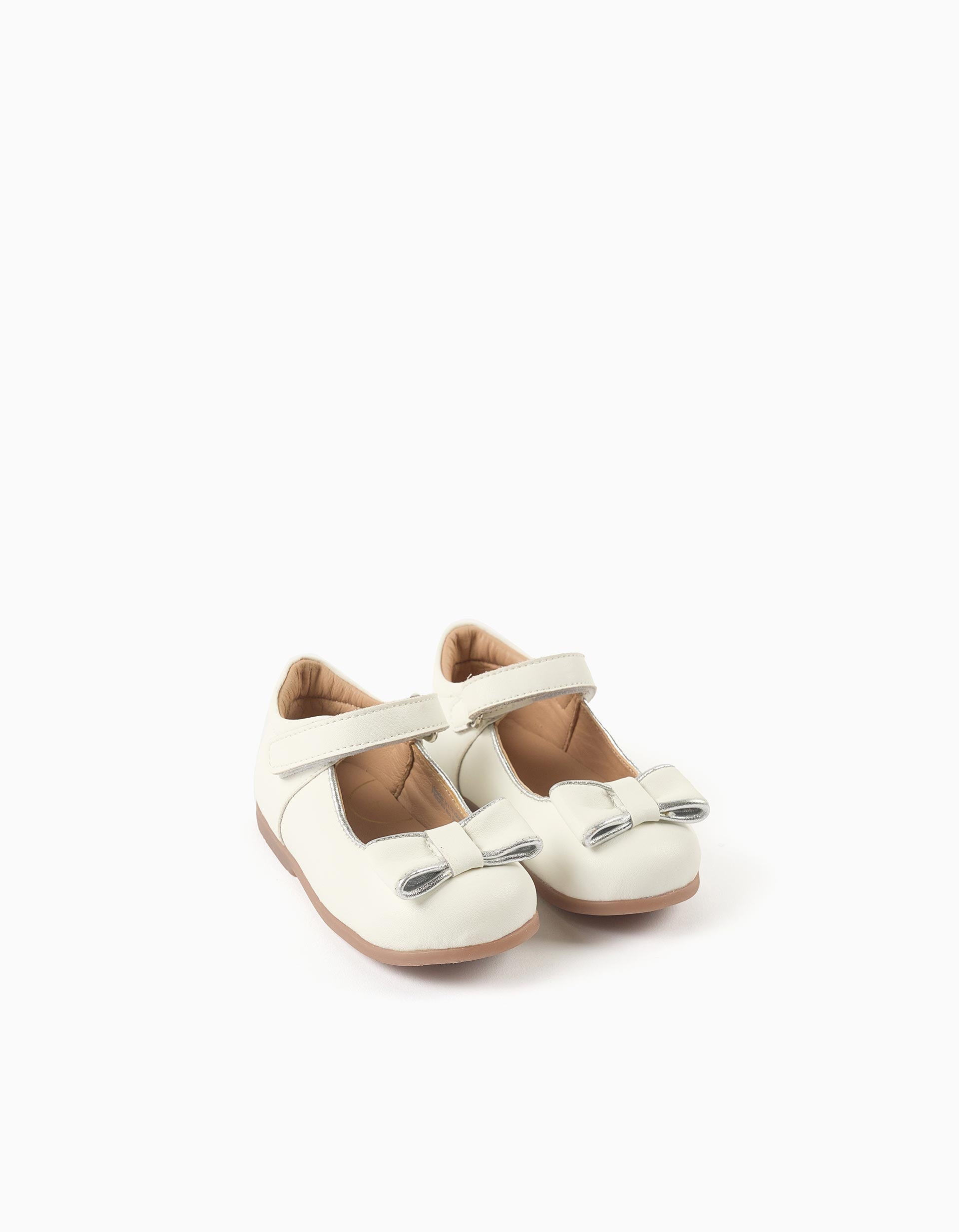Leather ballerinas with decorative bow for baby girls, white