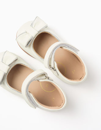 Leather ballerinas with decorative bow for baby girls, white